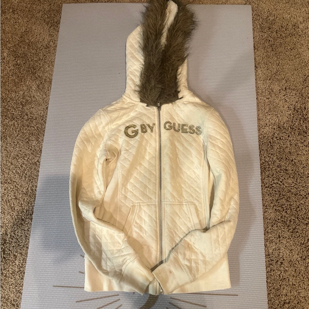 G By Guess Cream Ivory Zip Up Fur Lined Hoodie Xs